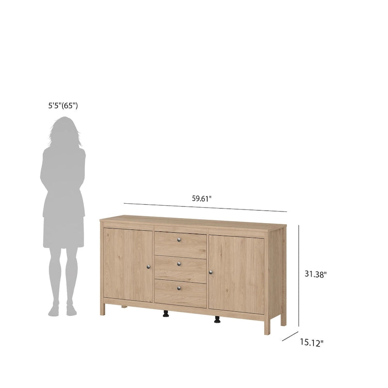 Buffet scandinave 2 portes avec 3 tiroirs centraux, poignées en cuir et étagères réglables blanc
