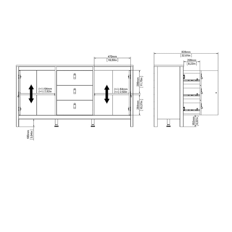 Buffet scandinave 2 portes avec 3 tiroirs centraux, poignées en cuir et étagères réglables blanc