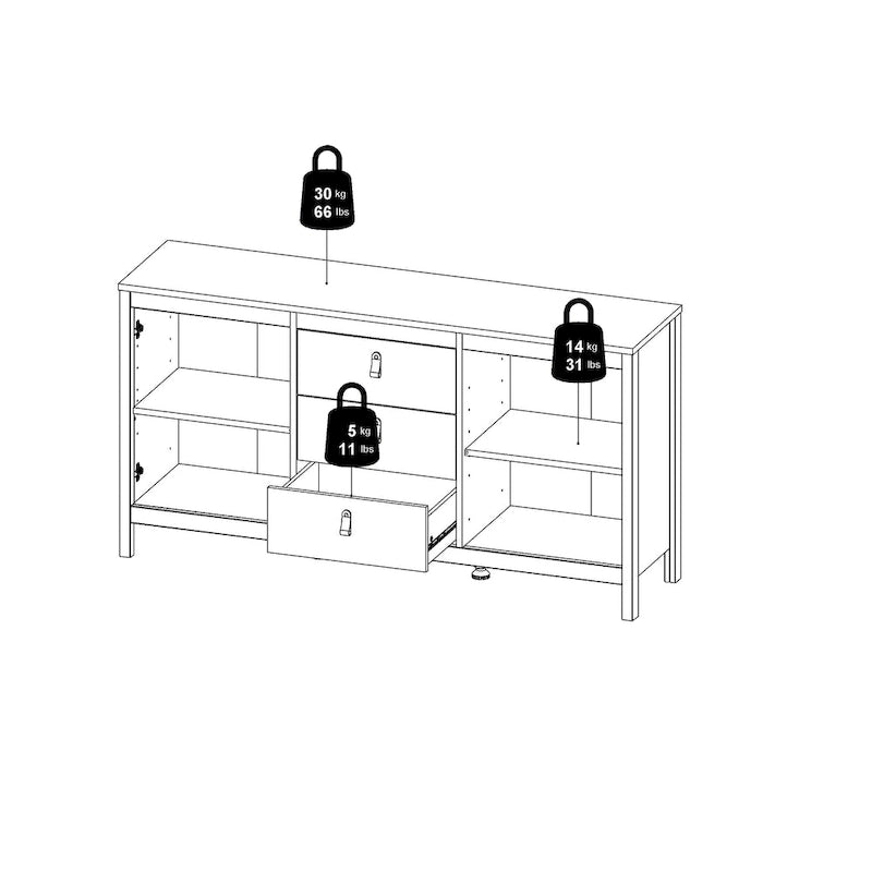 Buffet scandinave 2 portes avec 3 tiroirs centraux, poignées en cuir et étagères réglables blanc