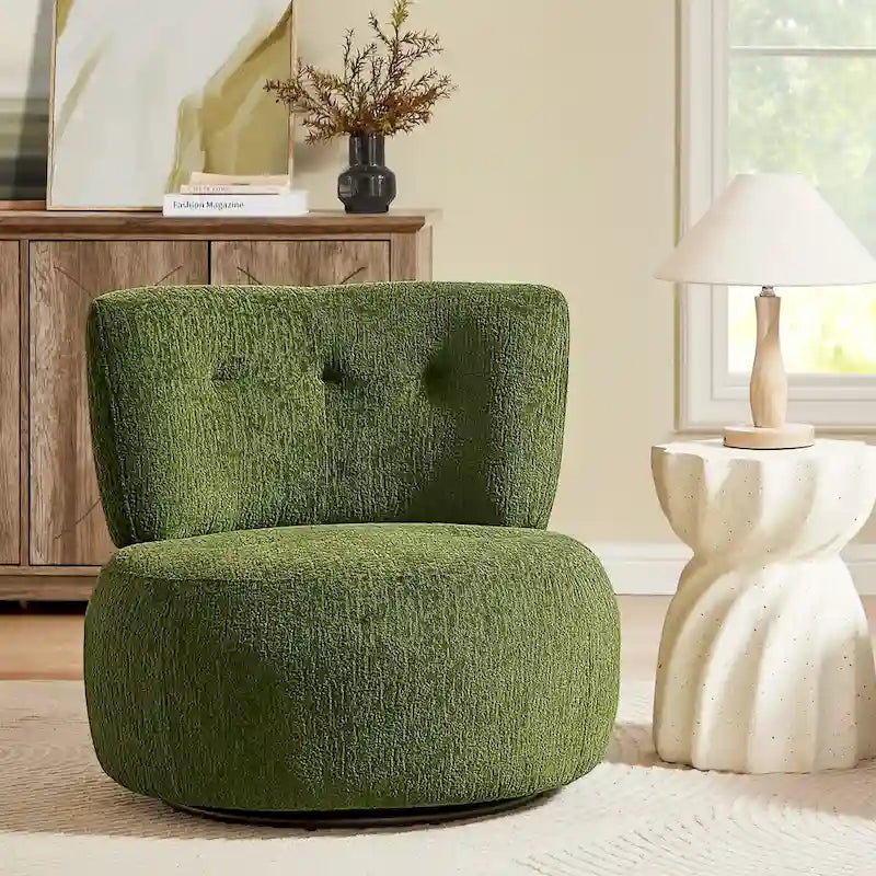 Fauteuil d'appoint pivotant rond en velours jacquard avec dossier capitonné vert