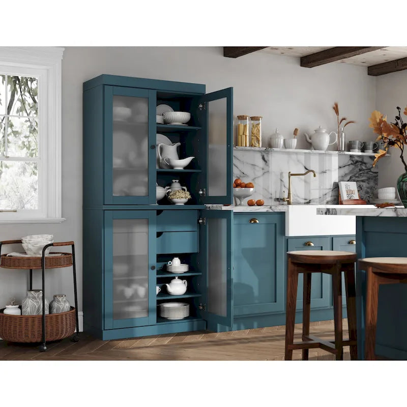 Armoire de cuisine modulaire en bois massif avec portes vitrées, étagères réglables et 2 tiroirs, couleur sarcelle