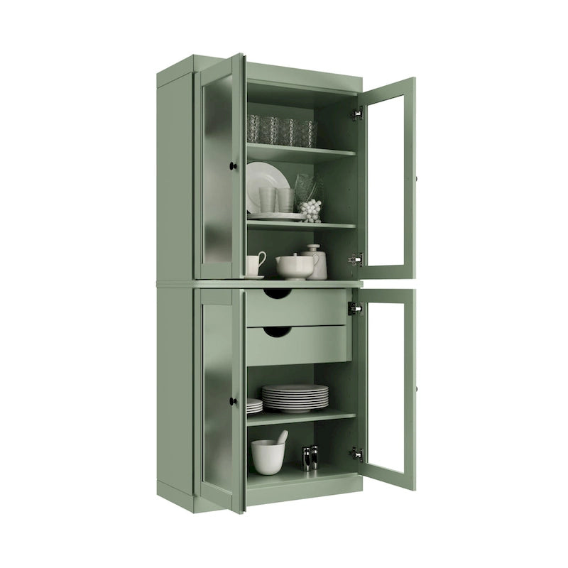 Armoire de cuisine modulaire en bois massif avec portes vitrées, étagères réglables et 2 tiroirs, couleur sarcelle