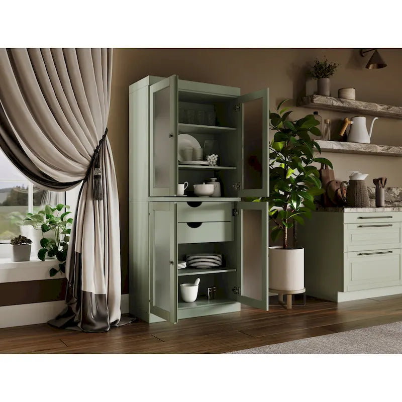 Armoire de cuisine modulaire en bois massif avec portes vitrées, étagères réglables et 2 tiroirs, couleur sarcelle