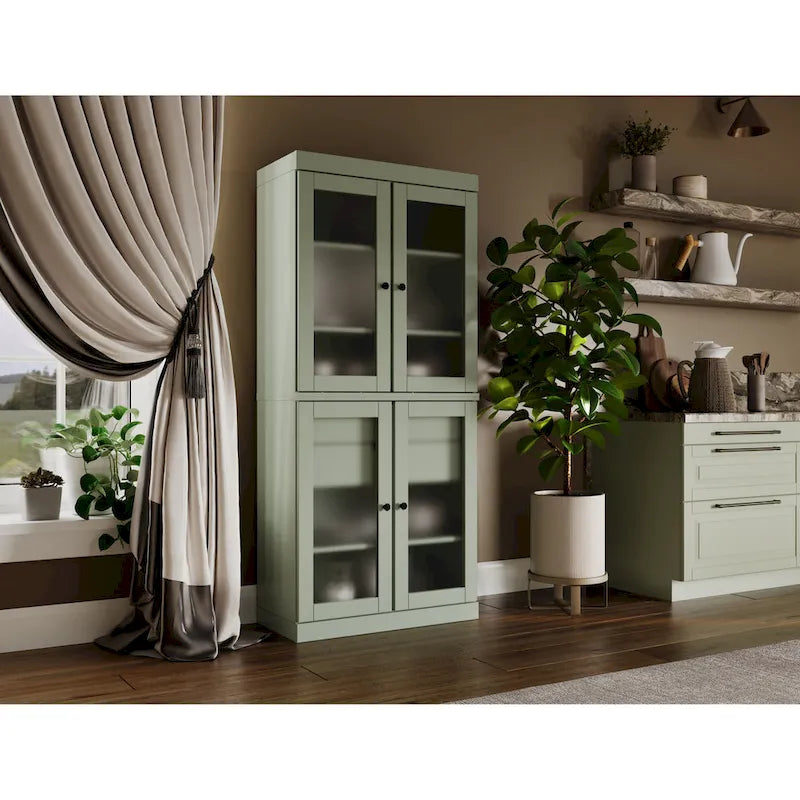 Armoire de cuisine modulaire en bois massif avec portes vitrées, étagères réglables et 2 tiroirs, couleur sarcelle