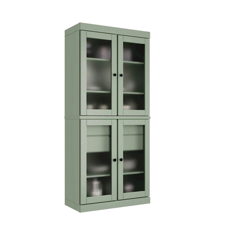 Armoire de cuisine modulaire en bois massif avec portes vitrées, étagères réglables et 2 tiroirs, couleur sarcelle