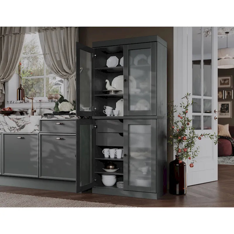 Armoire de cuisine modulaire en bois massif avec portes vitrées, étagères réglables et 2 tiroirs, couleur sarcelle