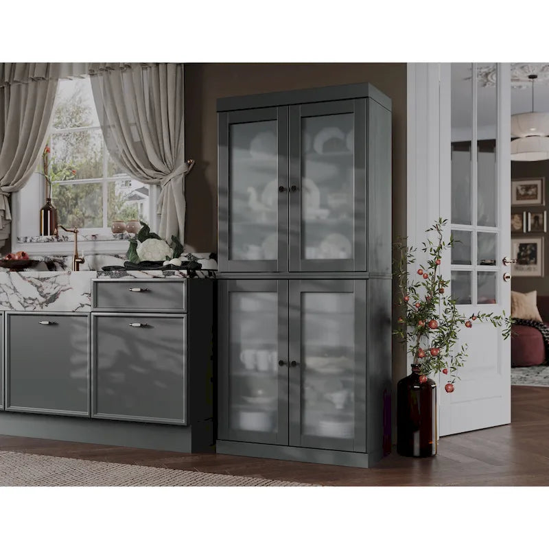 Armoire de cuisine modulaire en bois massif avec portes vitrées, étagères réglables et 2 tiroirs, couleur sarcelle