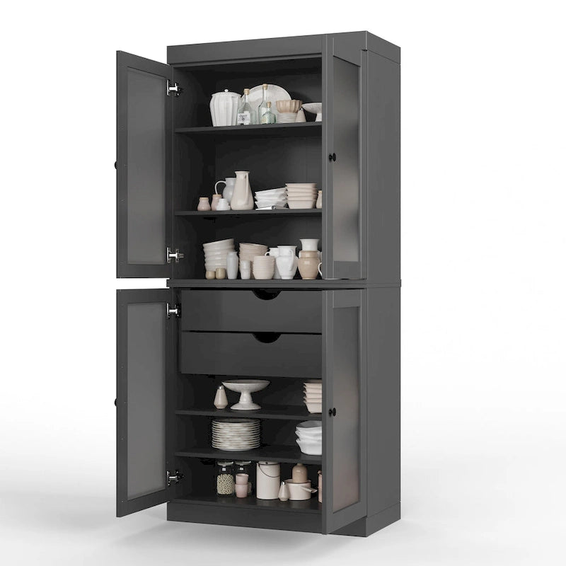 Armoire de cuisine modulaire en bois massif avec portes vitrées, étagères réglables et 2 tiroirs, couleur sarcelle