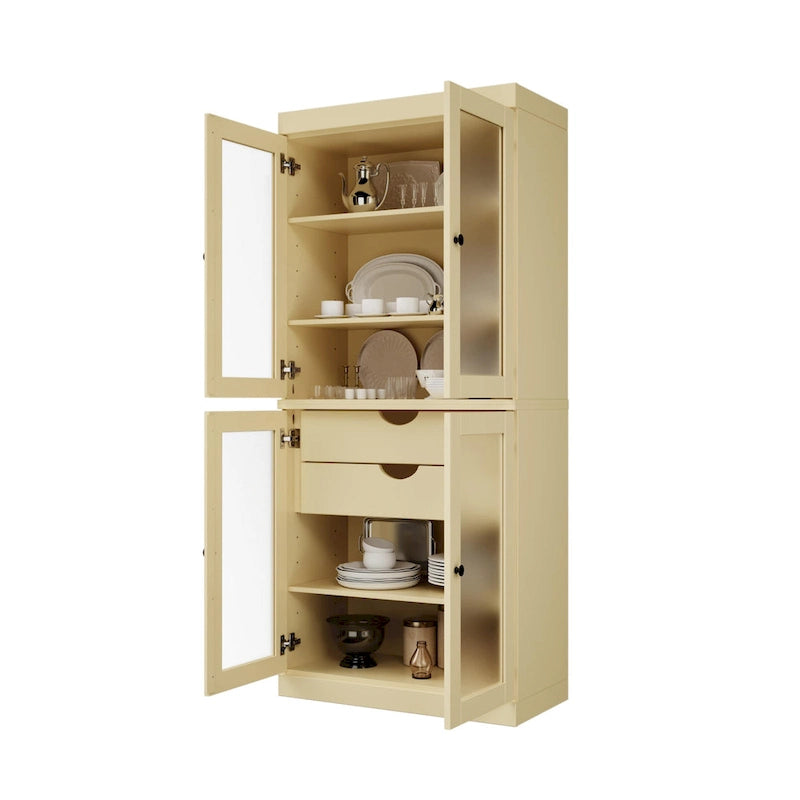 Armoire de cuisine modulaire en bois massif avec portes vitrées, étagères réglables et 2 tiroirs, couleur sarcelle