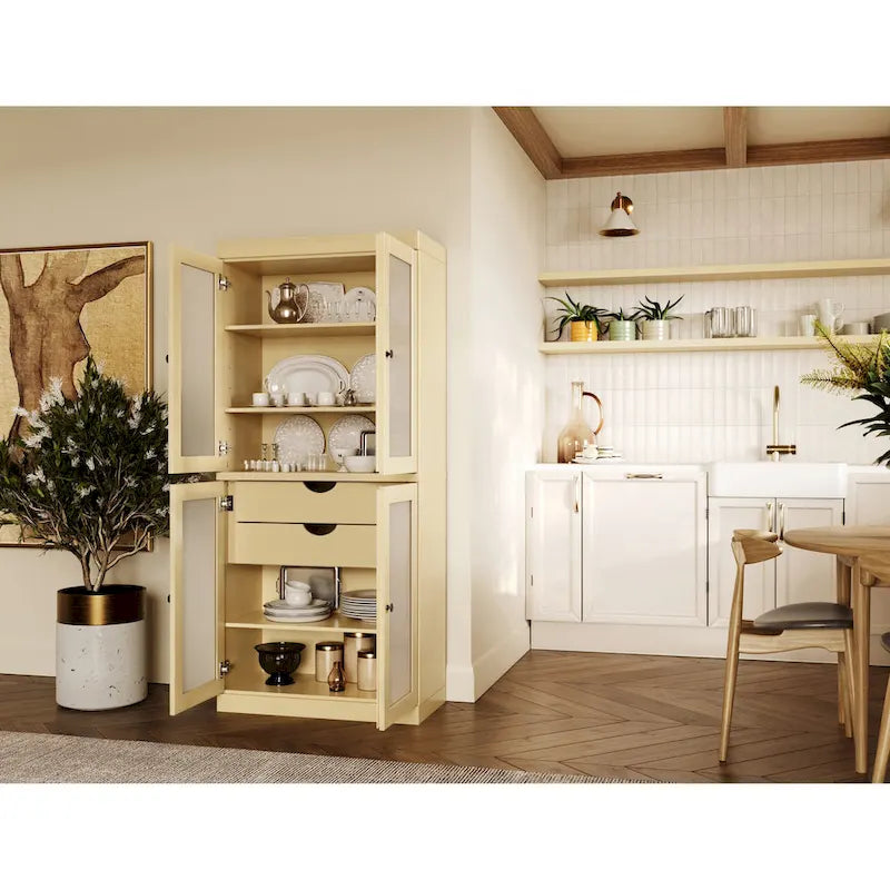 Armoire de cuisine modulaire en bois massif avec portes vitrées, étagères réglables et 2 tiroirs, couleur sarcelle