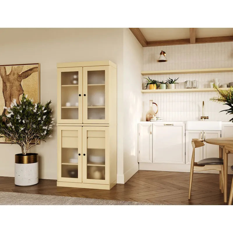 Armoire de cuisine modulaire en bois massif avec portes vitrées, étagères réglables et 2 tiroirs, couleur sarcelle
