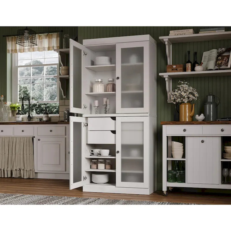 Armoire de cuisine modulaire en bois massif avec portes vitrées, étagères réglables et 2 tiroirs, couleur sarcelle