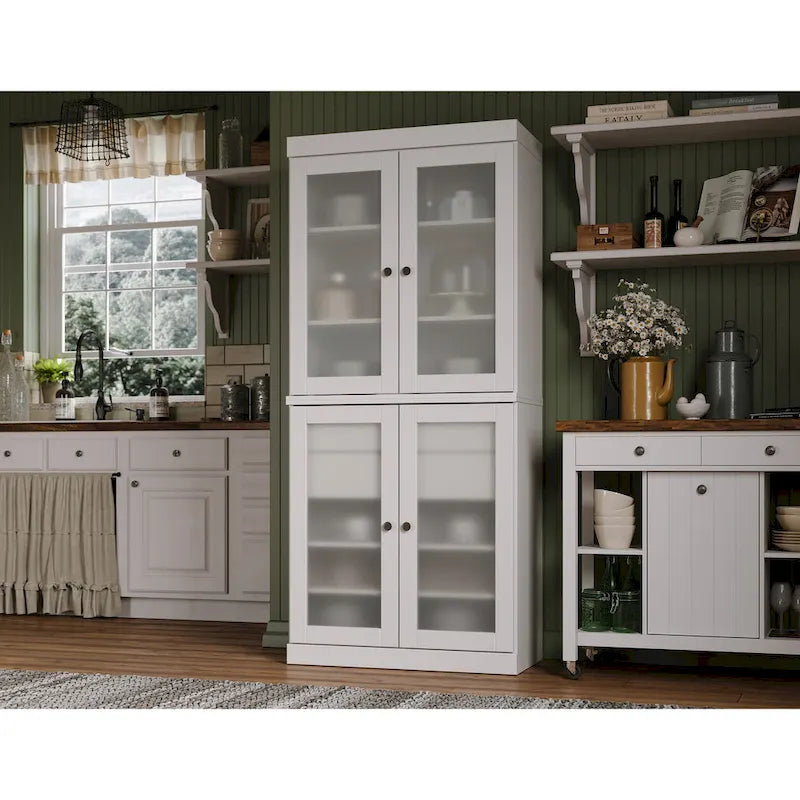 Armoire de cuisine modulaire en bois massif avec portes vitrées, étagères réglables et 2 tiroirs, couleur sarcelle