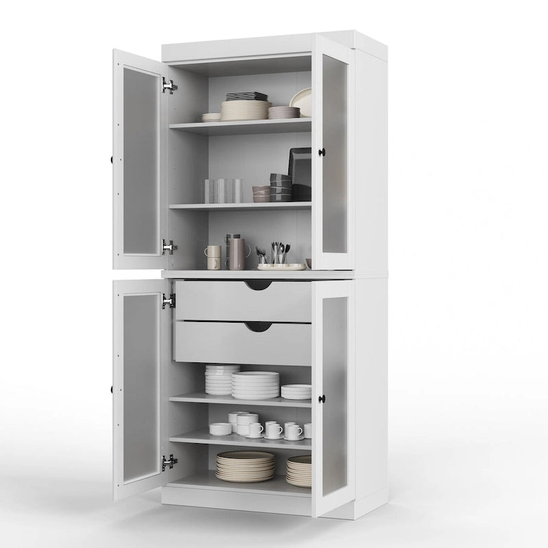 Armoire de cuisine modulaire en bois massif avec portes vitrées, étagères réglables et 2 tiroirs, couleur sarcelle