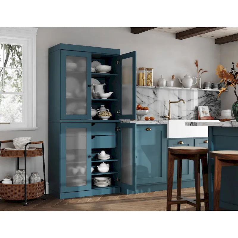 Armoire de cuisine modulaire en bois massif avec portes vitrées, étagères réglables et 2 tiroirs, couleur sarcelle