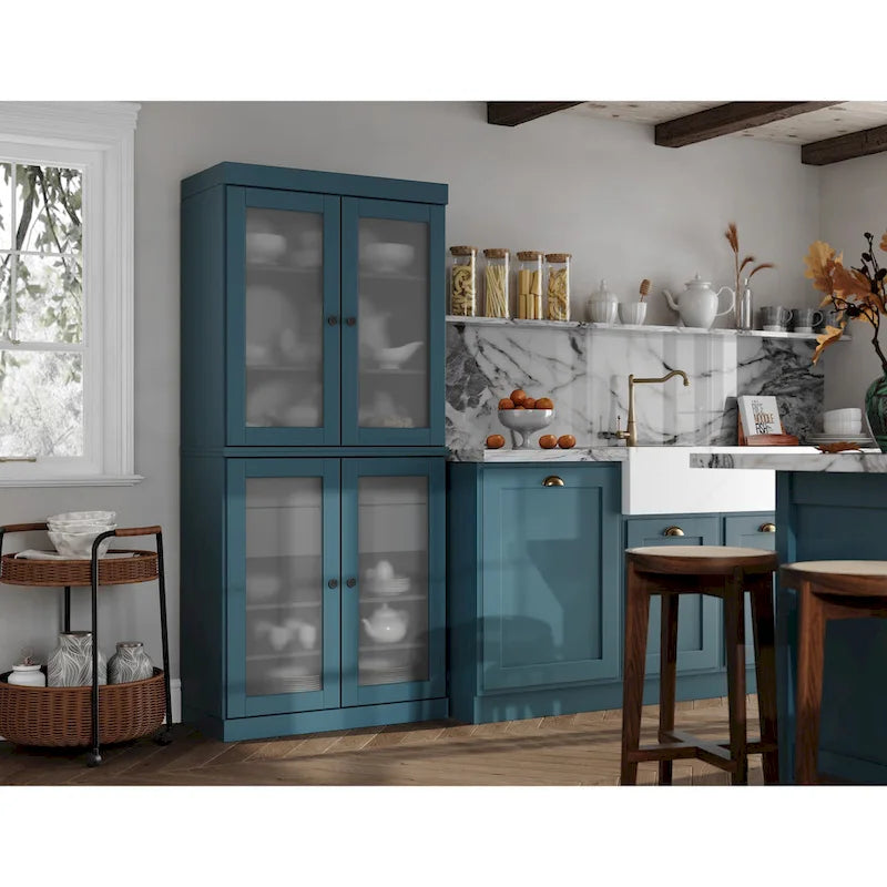 Armoire de cuisine modulaire en bois massif avec portes vitrées, étagères réglables et 2 tiroirs, couleur sarcelle