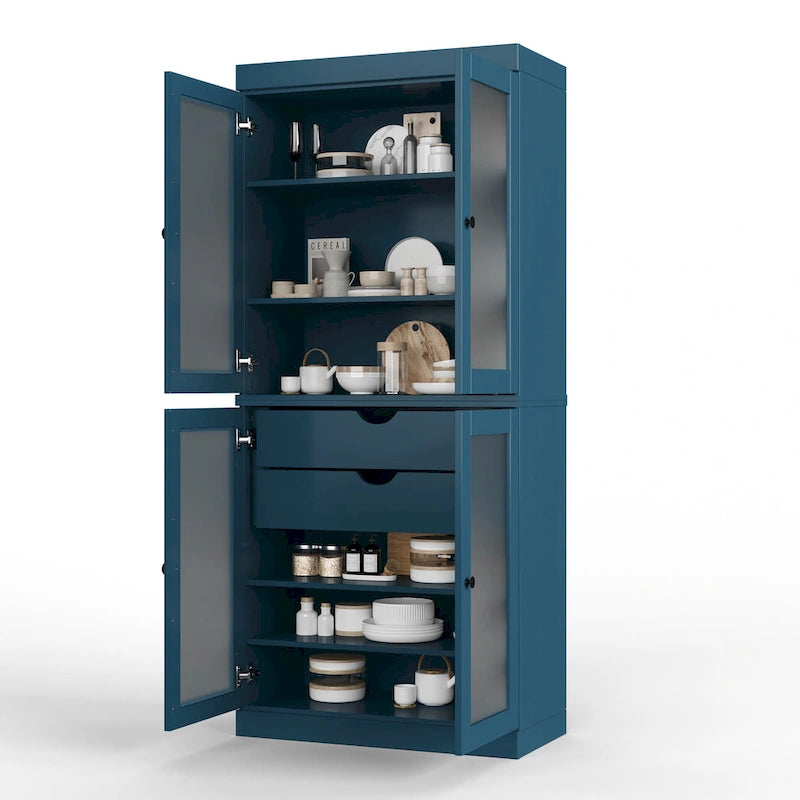 Armoire de cuisine modulaire en bois massif avec portes vitrées, étagères réglables et 2 tiroirs, couleur sarcelle