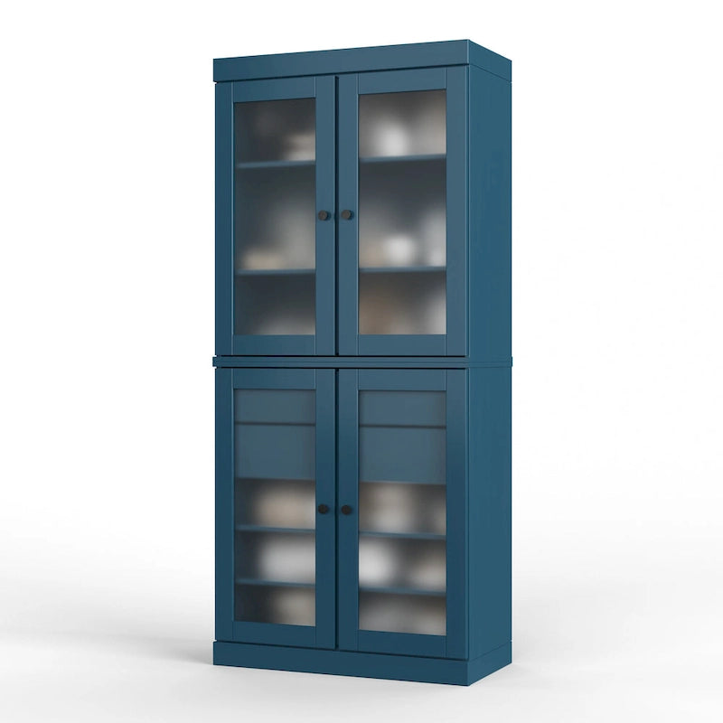Armoire de cuisine modulaire en bois massif avec portes vitrées, étagères réglables et 2 tiroirs, couleur sarcelle