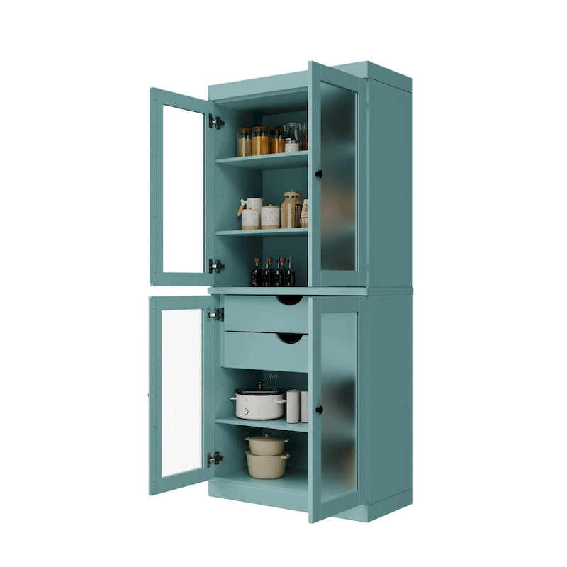 Armoire de cuisine modulaire en bois massif avec portes vitrées, étagères réglables et 2 tiroirs, couleur sarcelle