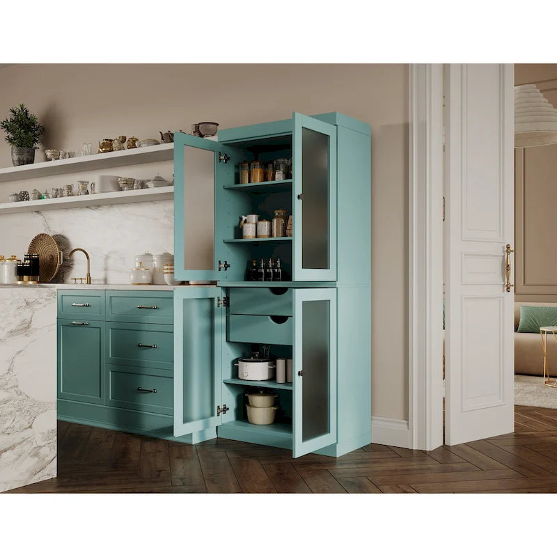 Armoire de cuisine modulaire en bois massif avec portes vitrées, étagères réglables et 2 tiroirs, couleur sarcelle