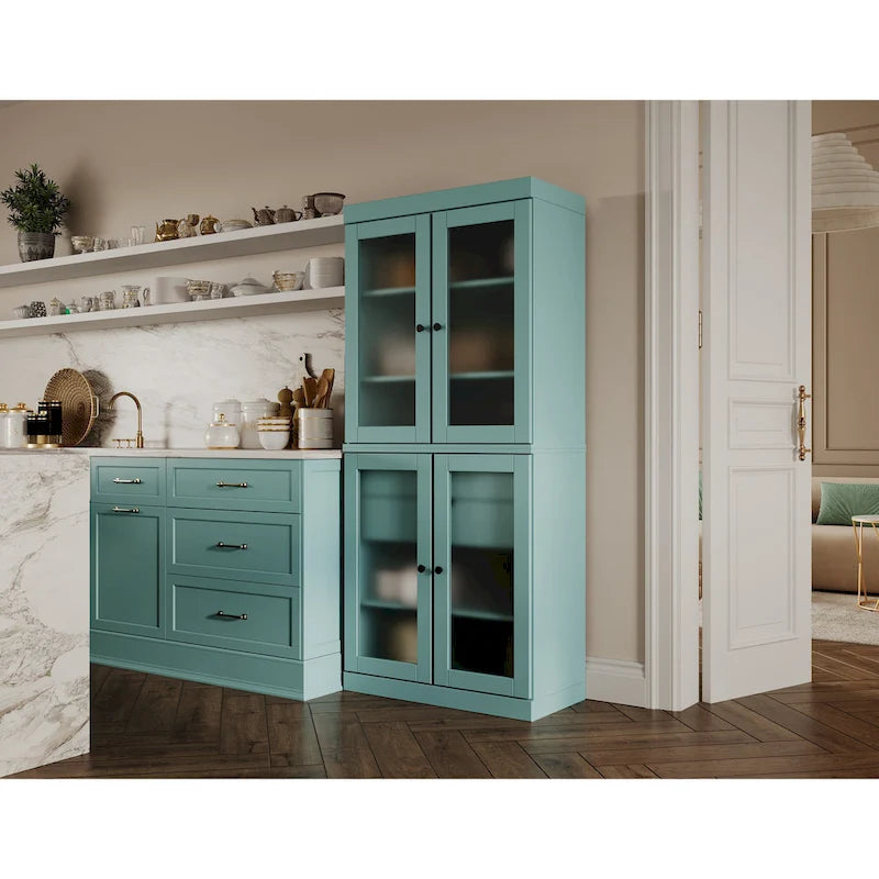 Armoire de cuisine modulaire en bois massif avec portes vitrées, étagères réglables et 2 tiroirs, couleur sarcelle