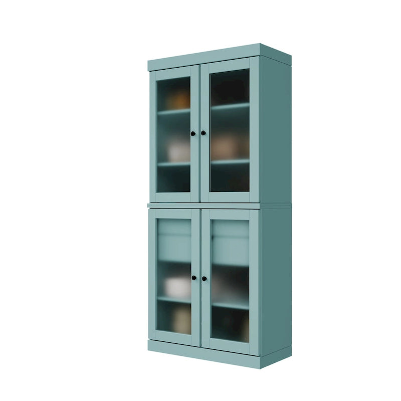 Armoire de cuisine modulaire en bois massif avec portes vitrées, étagères réglables et 2 tiroirs, couleur sarcelle