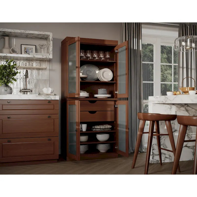 Armoire de cuisine modulaire en bois massif avec portes vitrées, étagères réglables et 2 tiroirs, couleur sarcelle