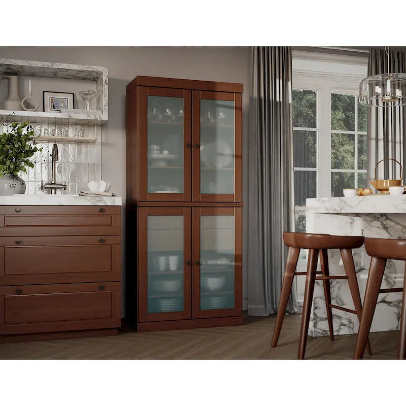 Armoire de cuisine modulaire en bois massif avec portes vitrées, étagères réglables et 2 tiroirs, couleur sarcelle