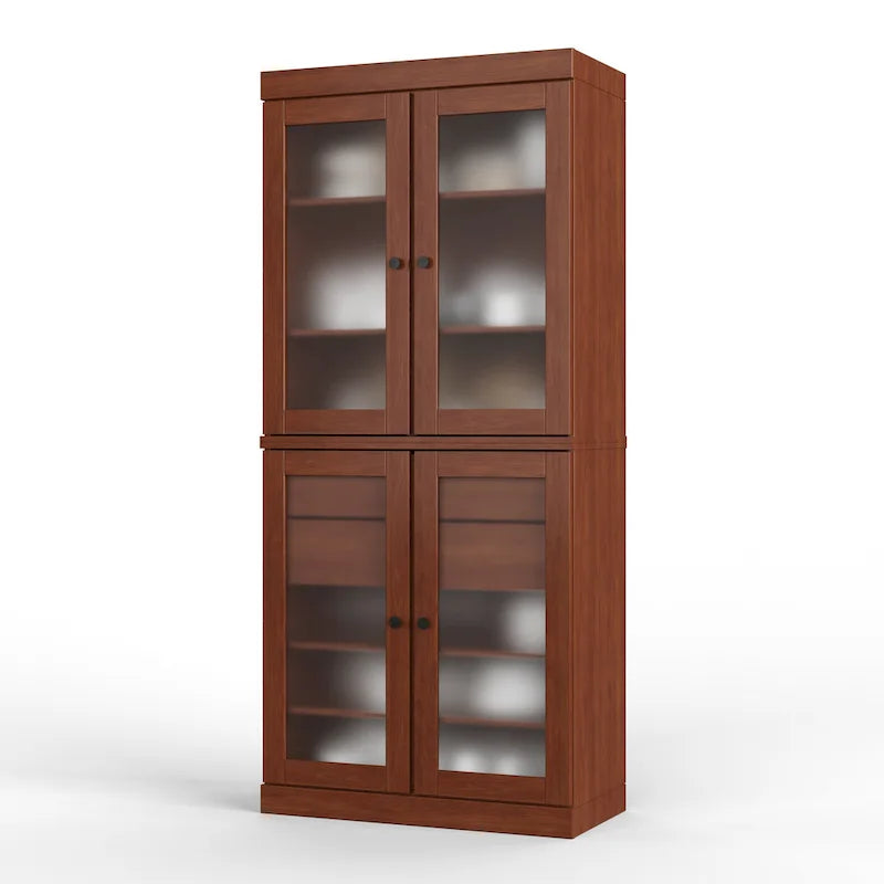 Armoire de cuisine modulaire en bois massif avec portes vitrées, étagères réglables et 2 tiroirs, couleur sarcelle
