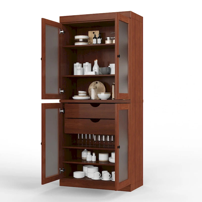 Armoire de cuisine modulaire en bois massif avec portes vitrées, étagères réglables et 2 tiroirs, couleur sarcelle