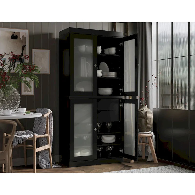 Armoire de cuisine modulaire en bois massif avec portes vitrées, étagères réglables et 2 tiroirs, couleur sarcelle