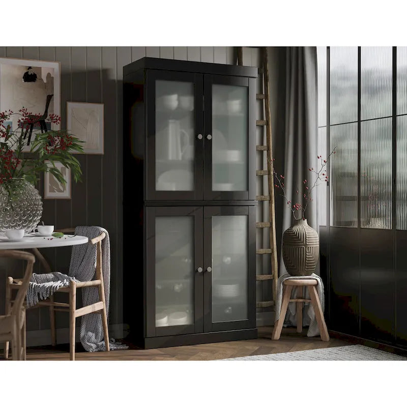 Armoire de cuisine modulaire en bois massif avec portes vitrées, étagères réglables et 2 tiroirs, couleur sarcelle