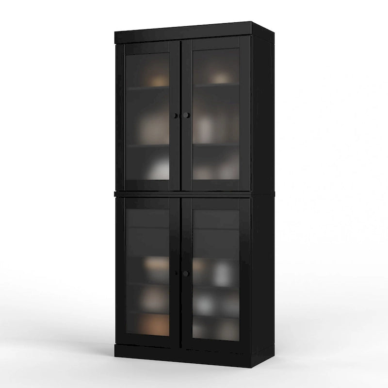 Armoire de cuisine modulaire en bois massif avec portes vitrées, étagères réglables et 2 tiroirs, couleur sarcelle