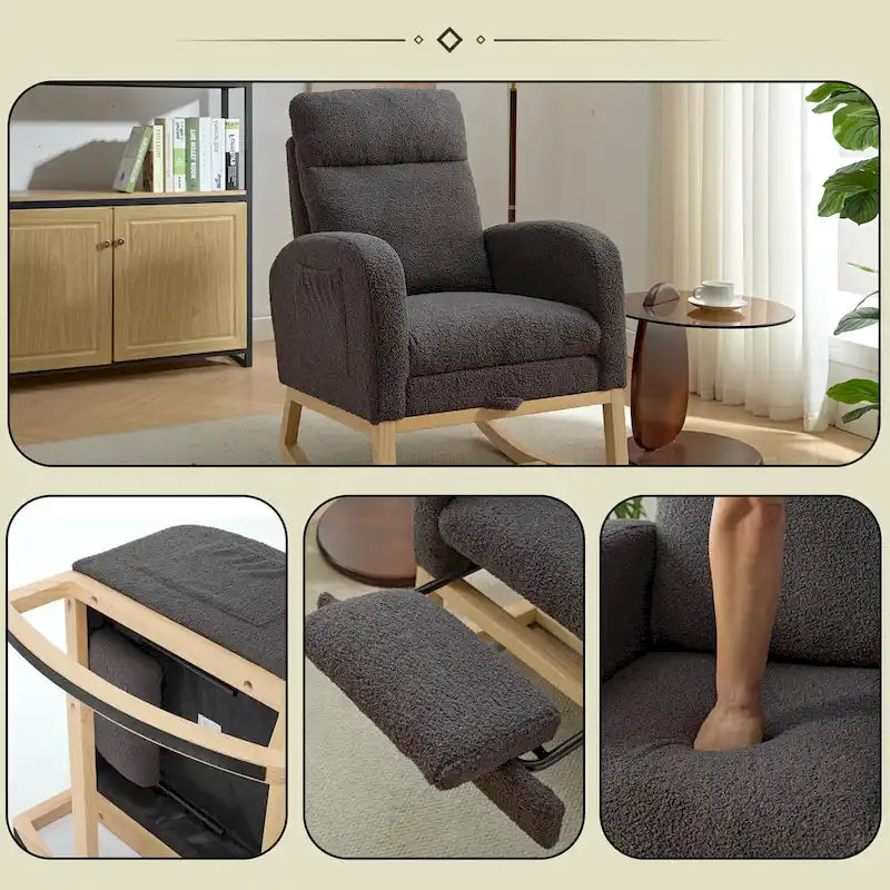 Fauteuil à bascule haut dossier en tissu bouclé avec repose-pieds réglable, pieds en bois massif et poche latérale gris