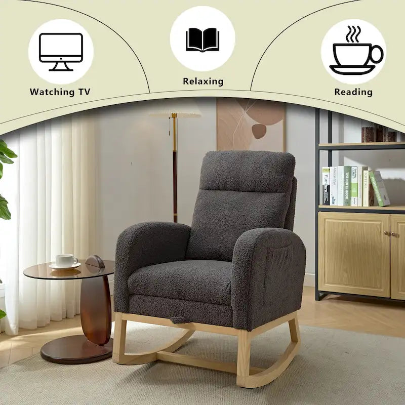 Fauteuil à bascule haut dossier en tissu bouclé avec repose-pieds réglable, pieds en bois massif et poche latérale gris