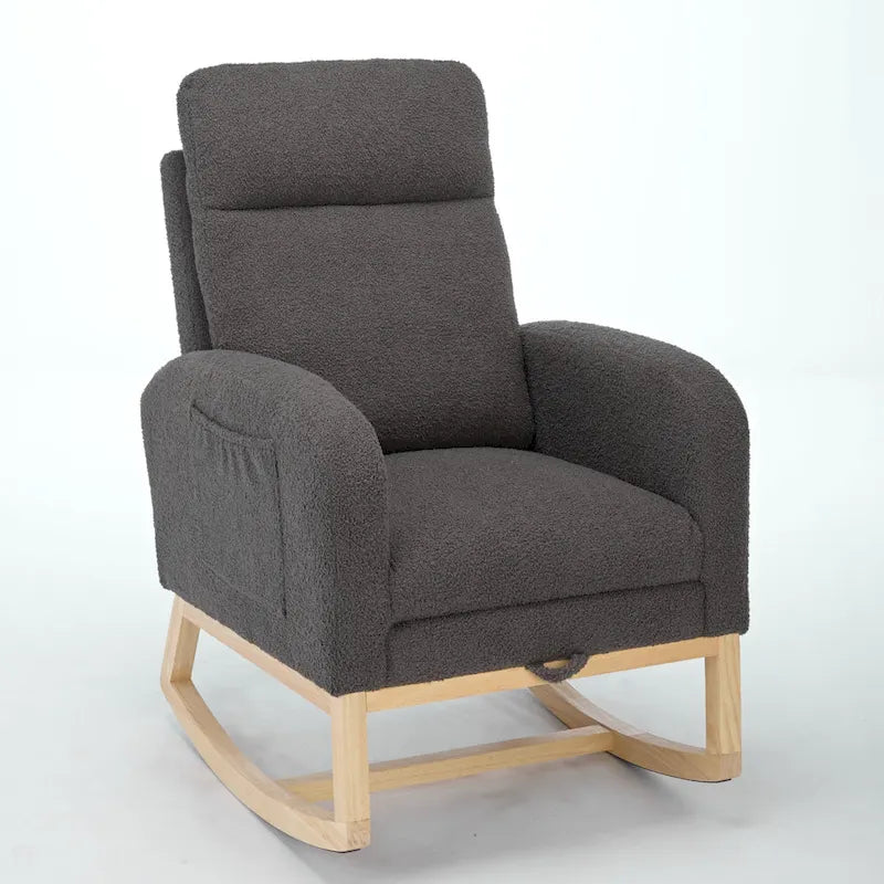 Fauteuil à bascule haut dossier en tissu bouclé avec repose-pieds réglable, pieds en bois massif et poche latérale gris