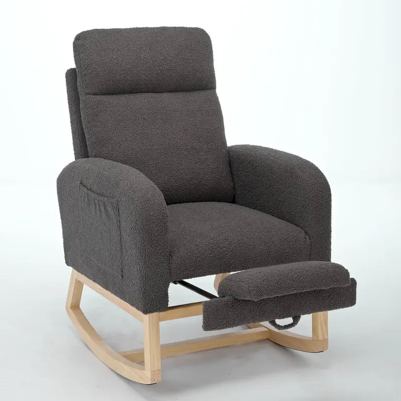 Fauteuil à bascule haut dossier en tissu bouclé avec repose-pieds réglable, pieds en bois massif et poche latérale gris