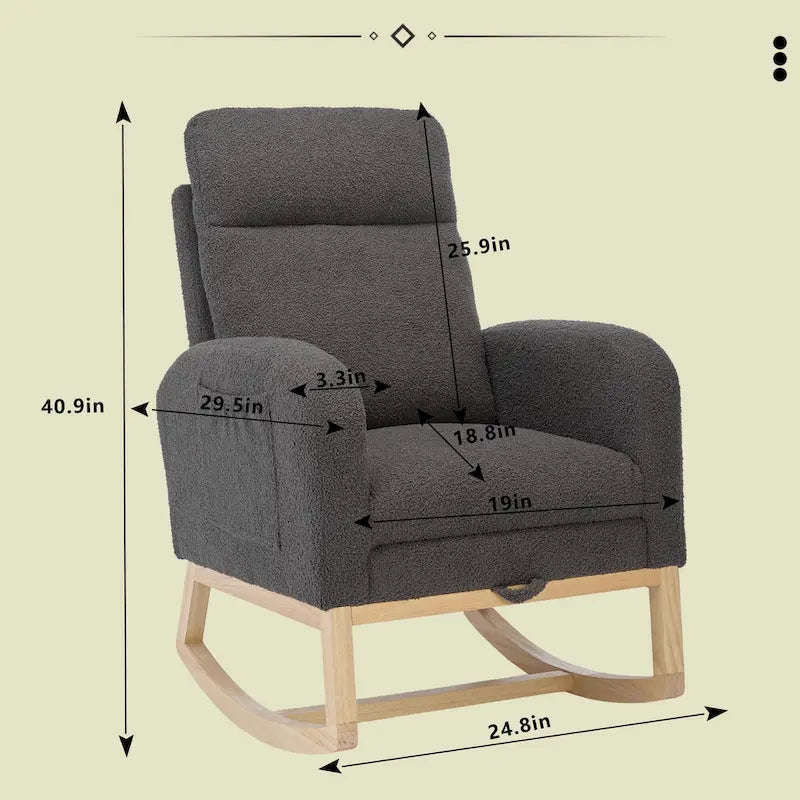 Fauteuil à bascule haut dossier en tissu bouclé avec repose-pieds réglable, pieds en bois massif et poche latérale gris