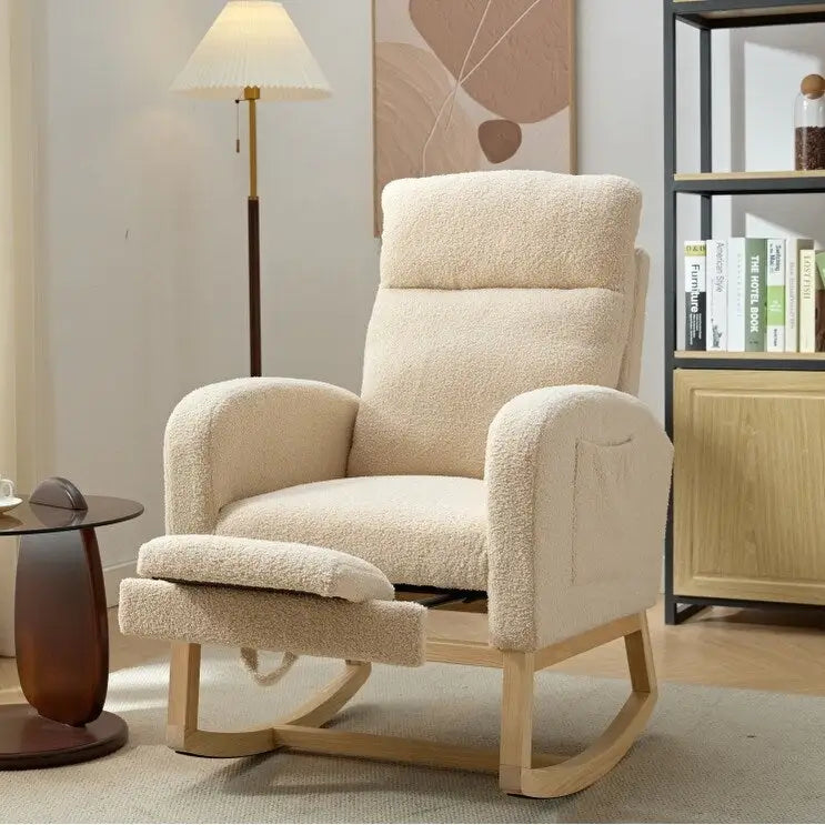 Fauteuil à bascule haut dossier en tissu bouclé avec repose-pieds réglable, pieds en bois massif et poche latérale gris