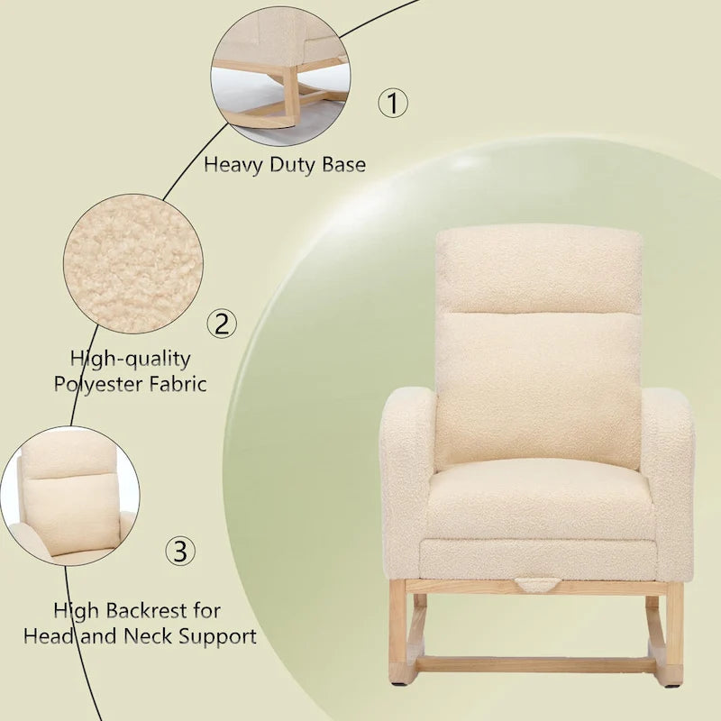 Fauteuil à bascule haut dossier en tissu bouclé avec repose-pieds réglable, pieds en bois massif et poche latérale gris