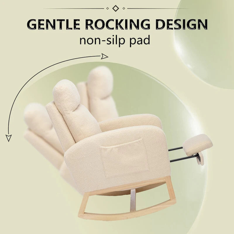 Fauteuil à bascule haut dossier en tissu bouclé avec repose-pieds réglable, pieds en bois massif et poche latérale gris