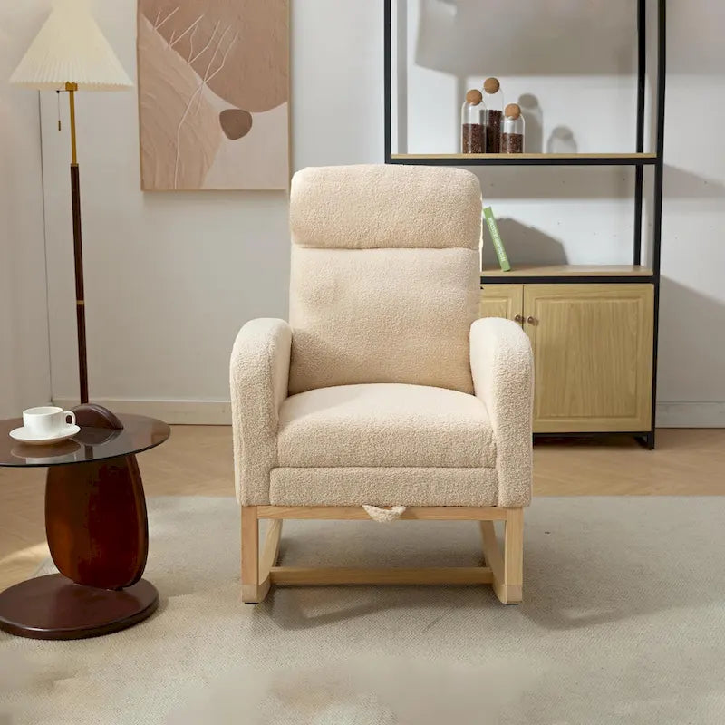 Fauteuil à bascule haut dossier en tissu bouclé avec repose-pieds réglable, pieds en bois massif et poche latérale gris