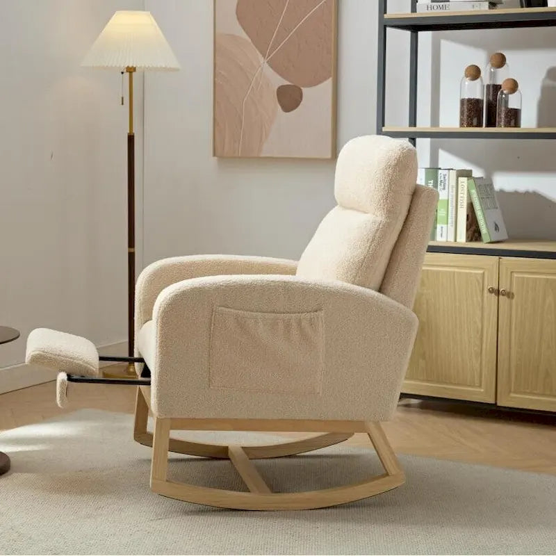 Fauteuil à bascule haut dossier en tissu bouclé avec repose-pieds réglable, pieds en bois massif et poche latérale gris