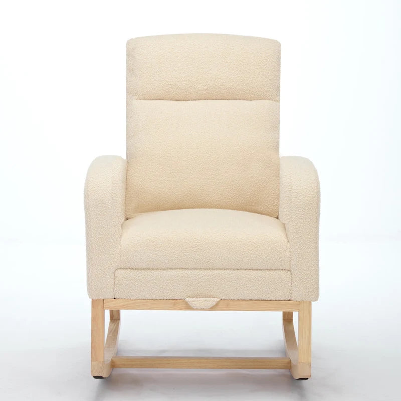 Fauteuil à bascule haut dossier en tissu bouclé avec repose-pieds réglable, pieds en bois massif et poche latérale gris