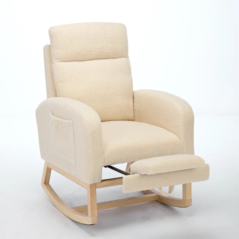 Fauteuil à bascule haut dossier en tissu bouclé avec repose-pieds réglable, pieds en bois massif et poche latérale gris