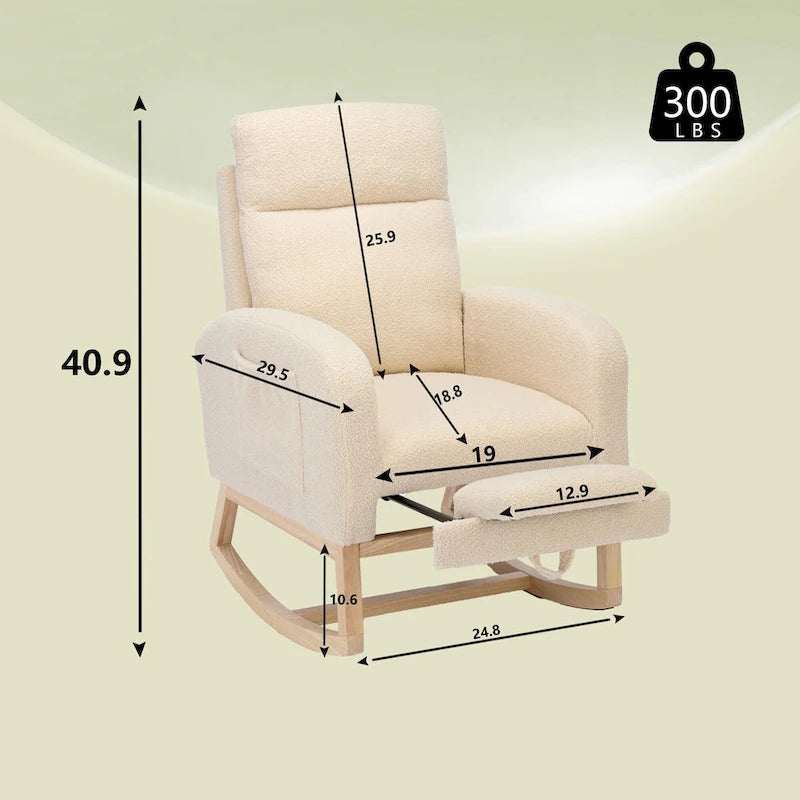 Fauteuil à bascule haut dossier en tissu bouclé avec repose-pieds réglable, pieds en bois massif et poche latérale gris