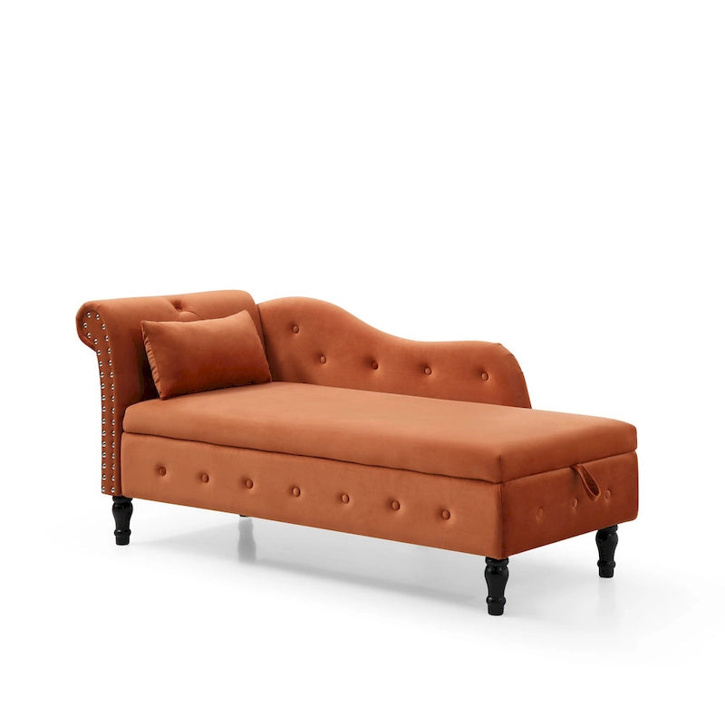 Chaise longue en velours orange capitonnée avec rangement et garniture cloutée