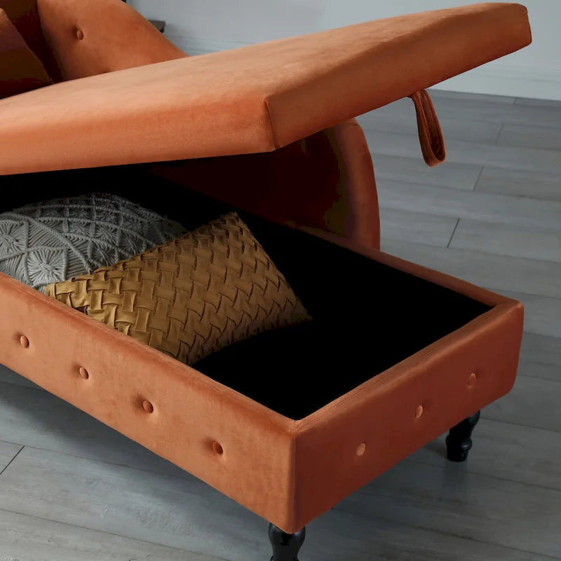 Chaise longue en velours orange capitonnée avec rangement et garniture cloutée