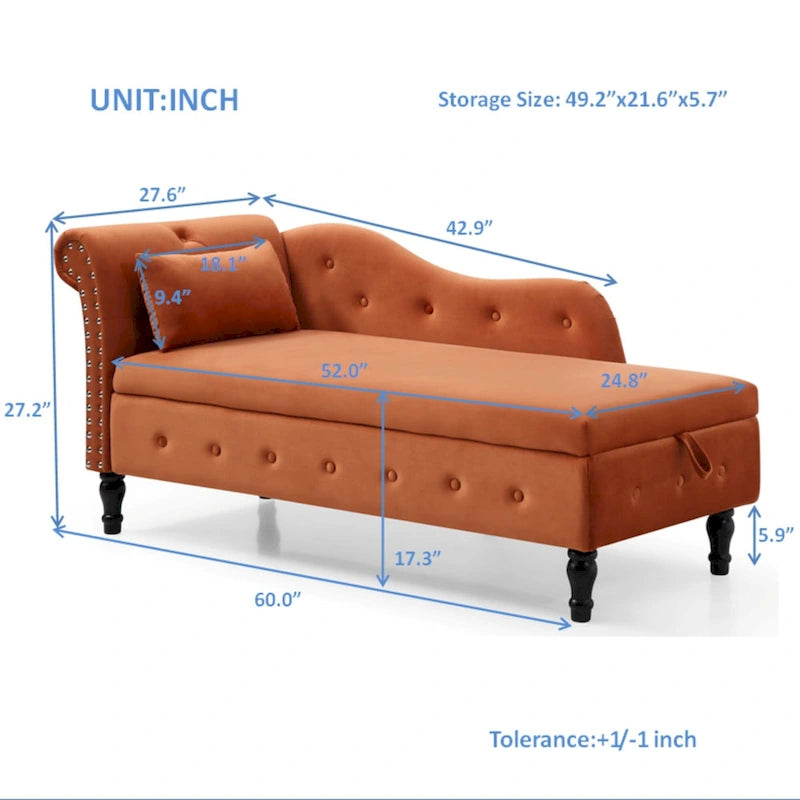 Chaise longue en velours orange capitonnée avec rangement et garniture cloutée
