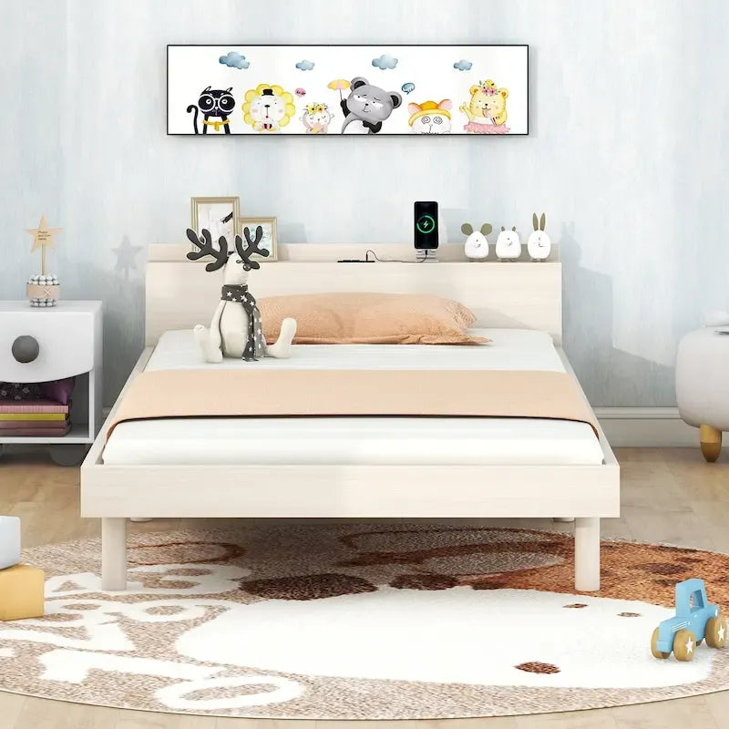 Lit jumeau avec tête de lit de rangement, étagère et port de chargement USB intégré, fini blanc délavé